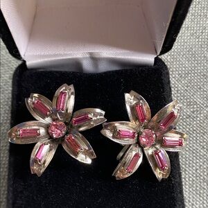 Vintage Bond Boyd Sterling Silver Pink Rhinestone Flower Earrings
